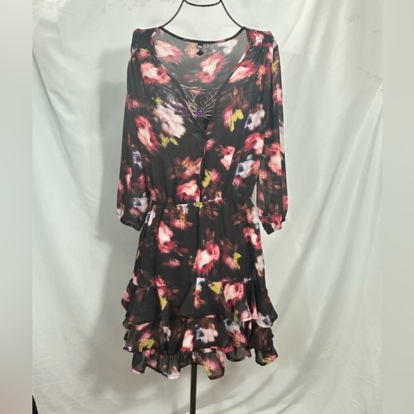 KUT from the Kloth chiffon floral carmen tiered 3/4 sleeve mini dress size 8 - Picture 1 of 10
